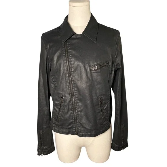 AG Adriano Goldschmied‎ Coated Moto Jacket Black Biker Style Made In USA Size L